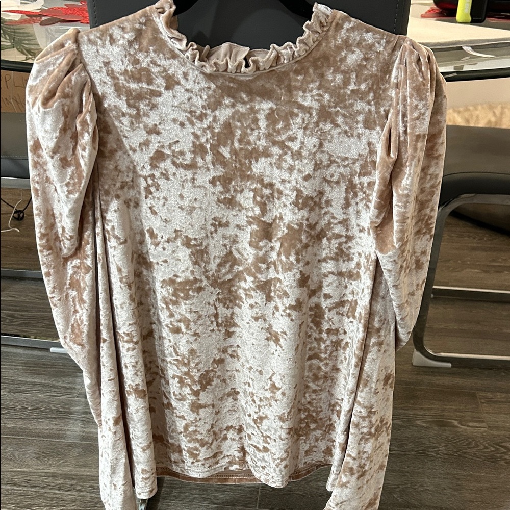 SHEIN Velvet Ruffle Blouse - Cream and Brown